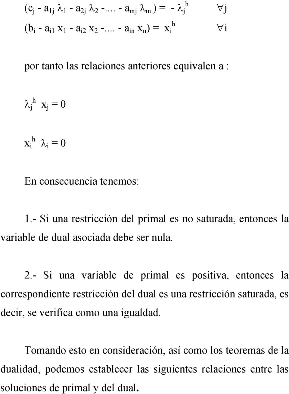 - Si una restricción del primal es no saturada, entonces la variable de dual asociada debe ser nula. 2.