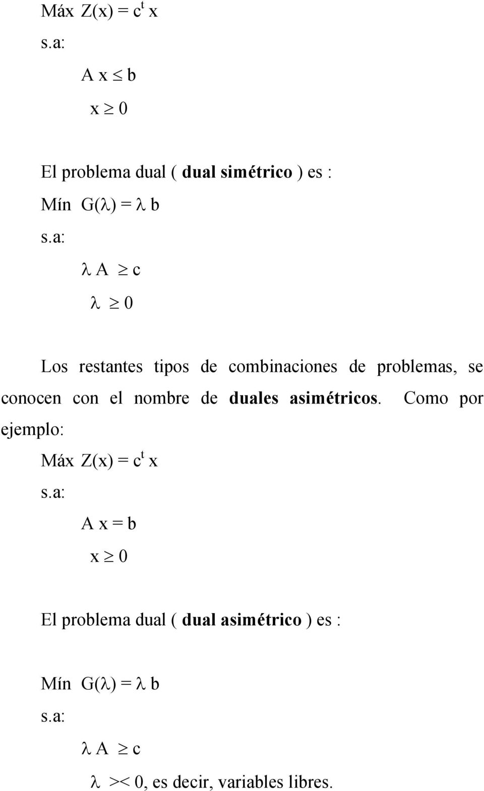de duales asimétricos. Como por ejemplo: Máx Z(x) = c t x s.