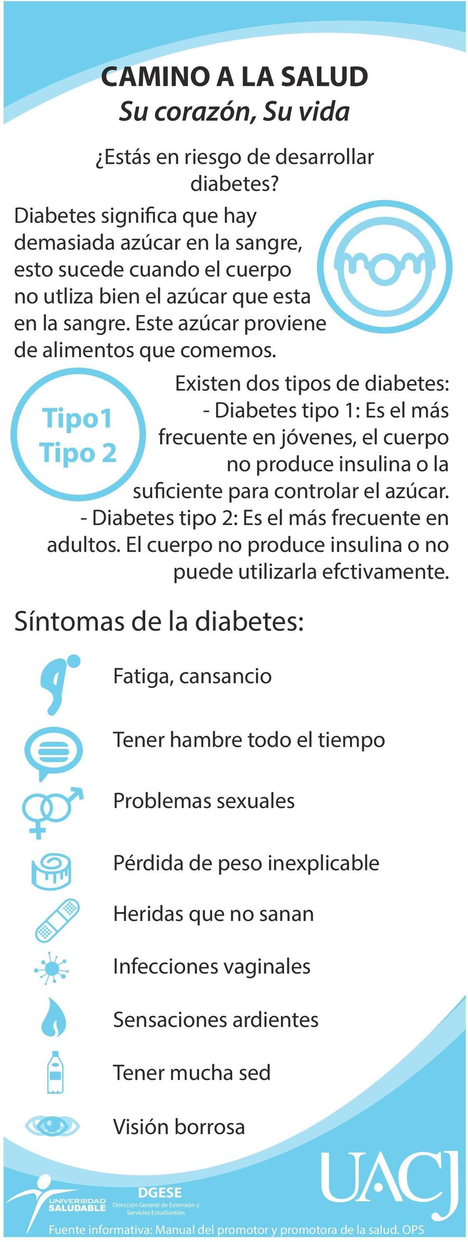 Existen dos tipos de diabetes: Tipo1 - Diabetes tipo 1: Es el más frecuente en jóvenes, el cuerpo Tipo 2 no produce insulina o la suficiente para controlar el azúcar.