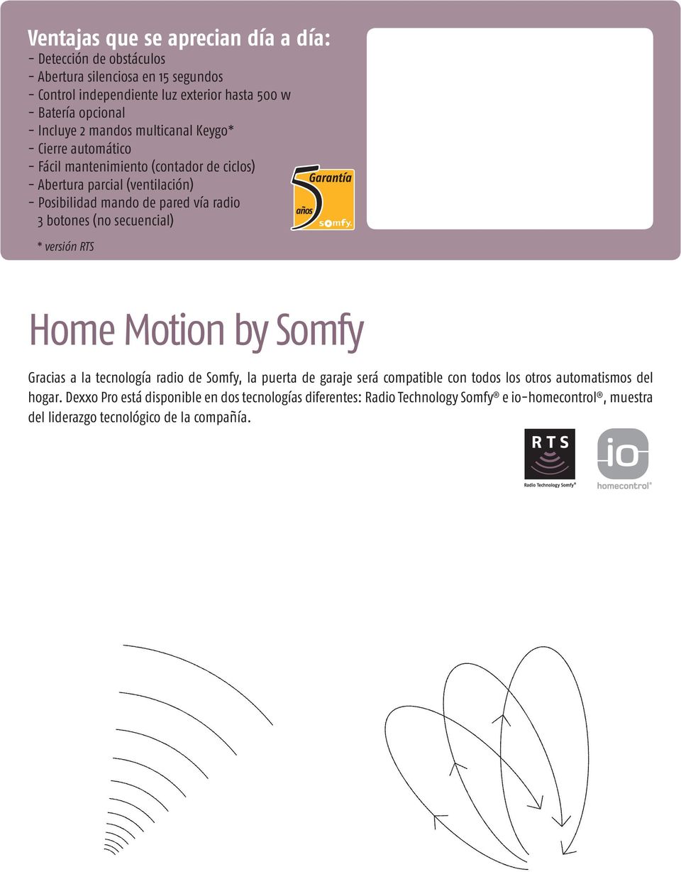 radio botones (no secuencial) * versión RTS Home Motion by Somfy Gracias a la tecnología radio de Somfy, la puerta de garaje será compatible con todos los otros
