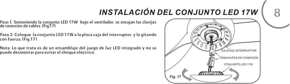 Coloque la conjunto LED 17W a la placa caja del interruptor, y lo gitando con fuerza. (Fig.