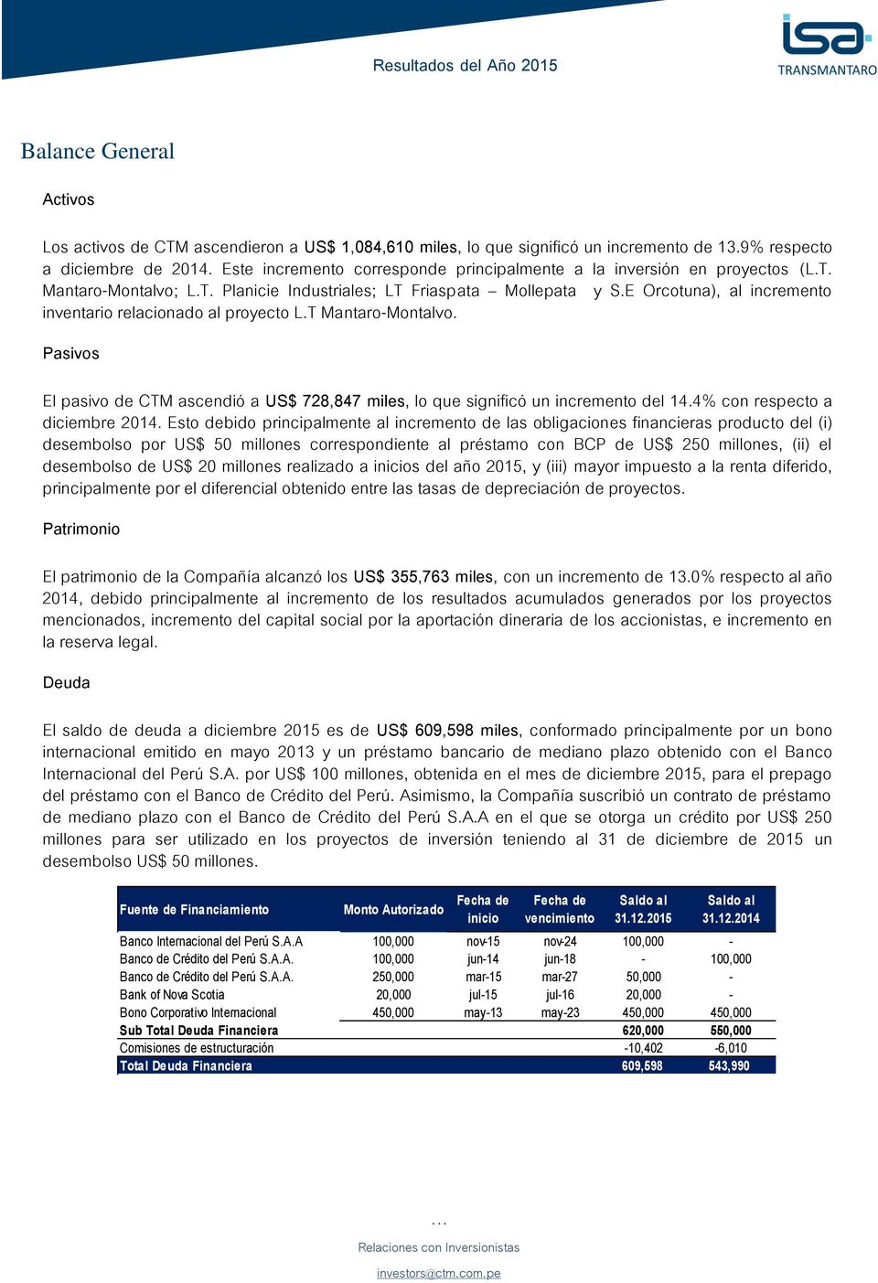 E Orcotuna), al incremento inventario relacionado al proyecto L.T Mantaro-Montalvo. Pasivos El pasivo de CTM ascendió a US$ 728,847 miles, lo que significó un incremento del 14.