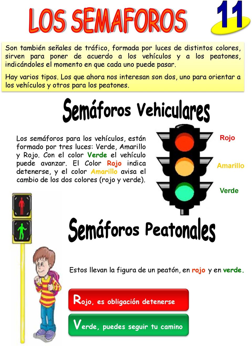 Los semáforos para los vehículos, están formado por tres luces: Verde, Amarillo y Rojo. Con el color Verde el vehículo puede avanzar.