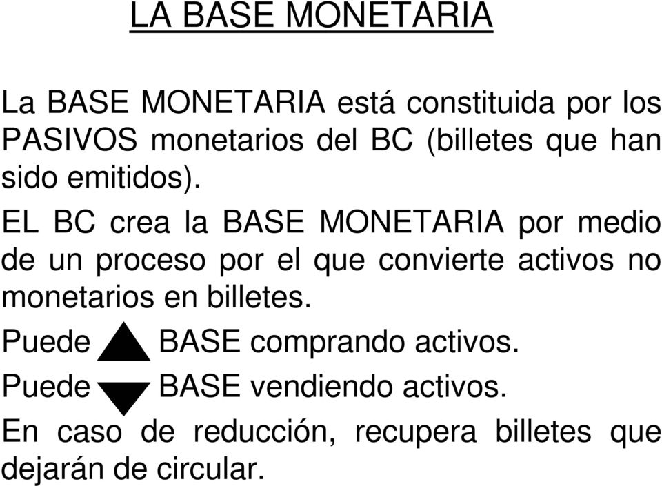 EL BC crea la BASE MONETARIA por medio de un proceso por el que convierte activos no