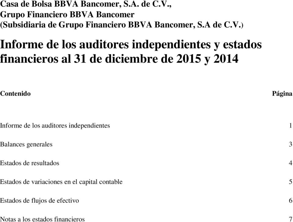 ) Informe de los auditores independientes y estados financieros al 31 de diciembre de 2015 y 2014 Contenido