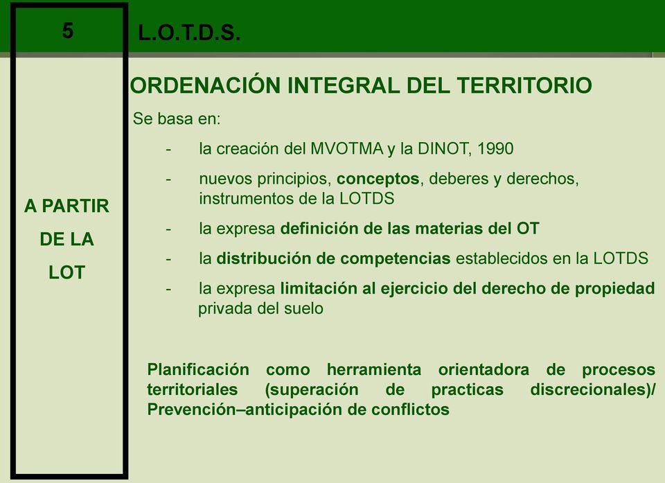 derechos, instrumentos de la LOTDS - la expresa definición de las materias del OT - la distribución de competencias establecidos en