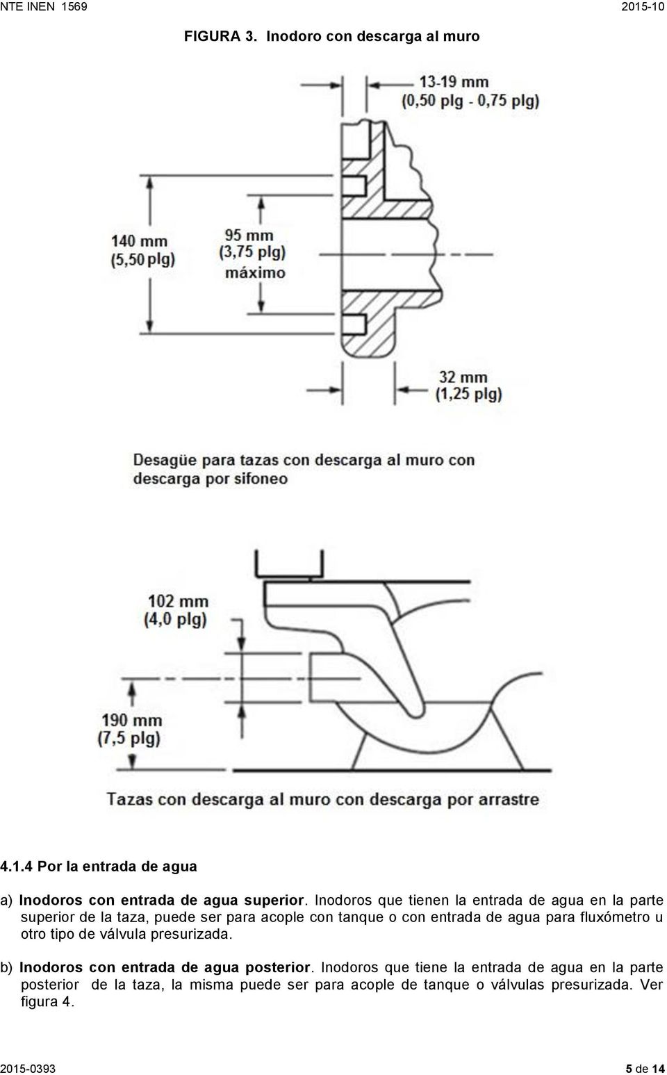 agua para fluxómetro u otro tipo de válvula presurizada. b) Inodoros con entrada de agua posterior.