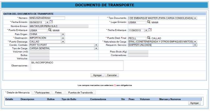 8.5.- Datos del Documento de Transporte Se registran los datos del