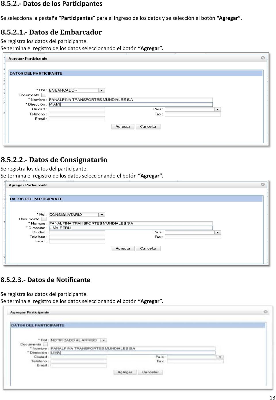 5.2.2.- Datos de Consignatario Se registra los datos del participante. Se termina el registro de los datos seleccionando el botón Agregar.