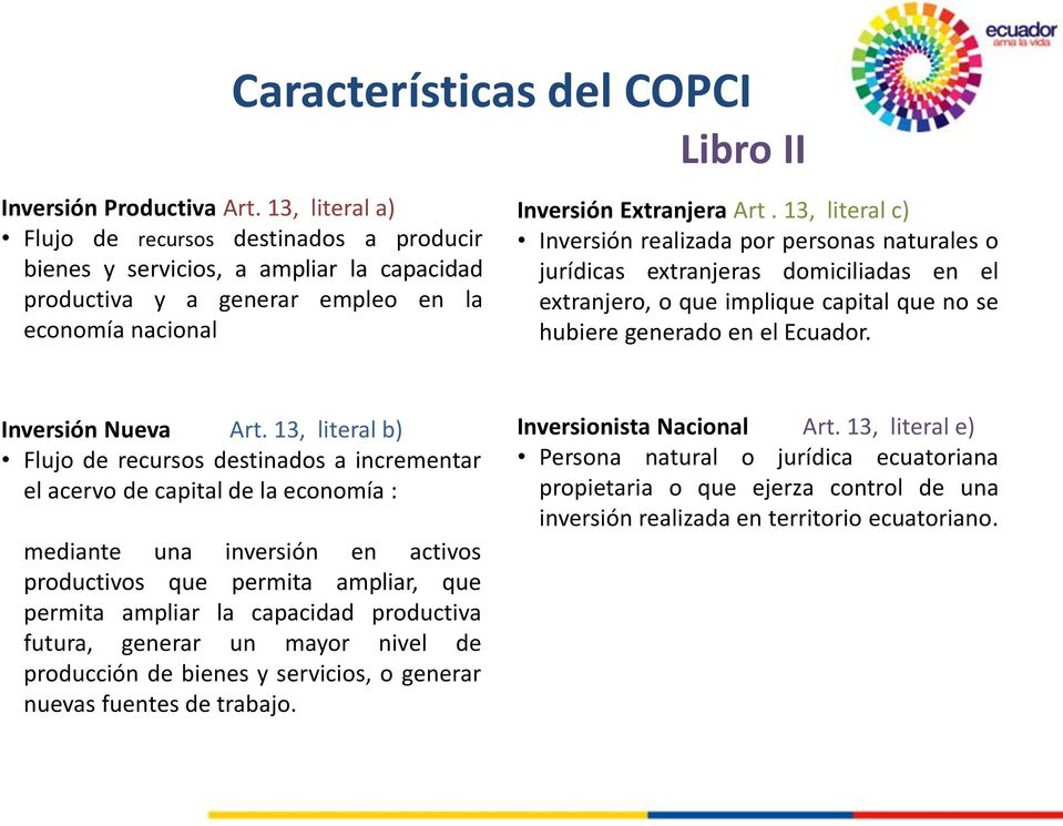 13, literal c) Inversión realizada por personas naturales o jurídicas extranjeras domiciliadas en el extranjero, o que implique capital que no se hubiere generado en el Ecuador. Inversión Nueva Art.