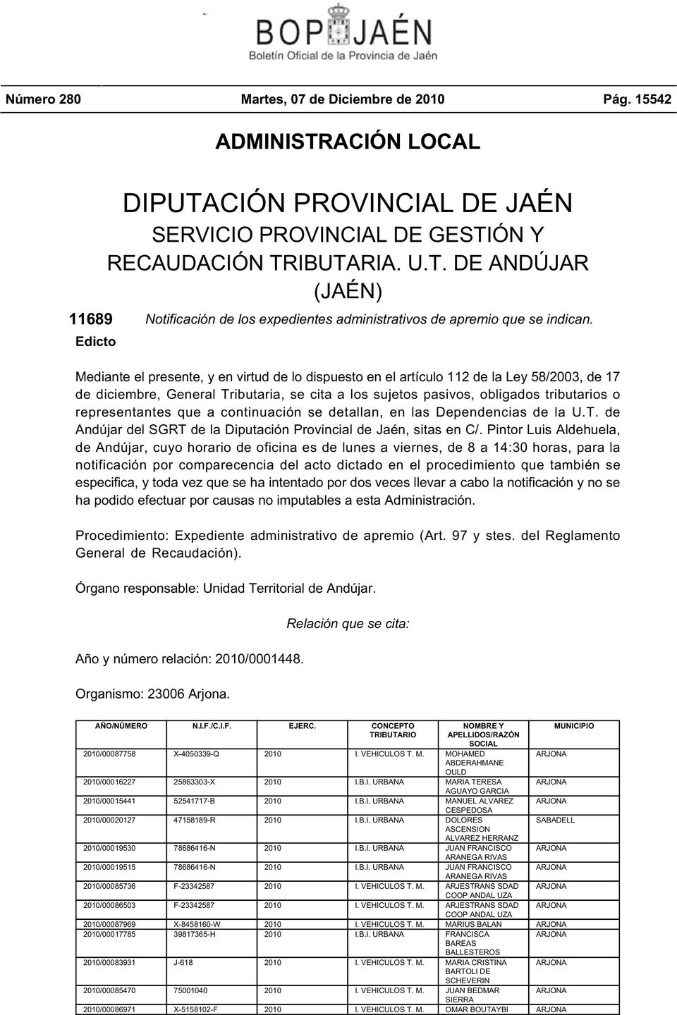 representantes que a continuación se detallan, en las Dependencias de la U.T. de Andújar del SGRT de la Diputación Provincial de Jaén, sitas en C/.