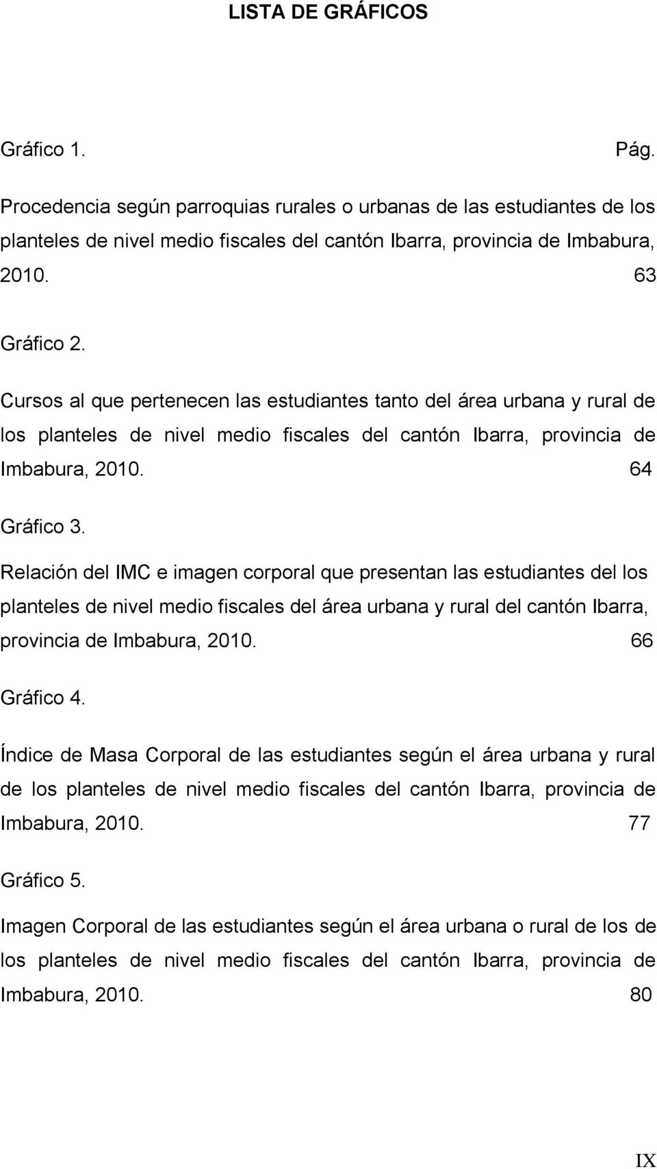 Relación del IMC e imagen corporal que presentan las estudiantes del los planteles de nivel medio fiscales del área urbana y rural del cantón Ibarra, provincia de Imbabura, 2010. 66 Gráfico 4.