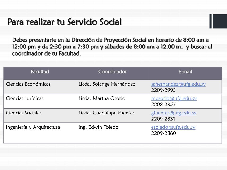 Facultad Coordinador E-mail Ciencias Económicas Licda. Solange Hernández sahernandez@ufg.edu.sv 2209-2993 Ciencias Jurídicas Licda.