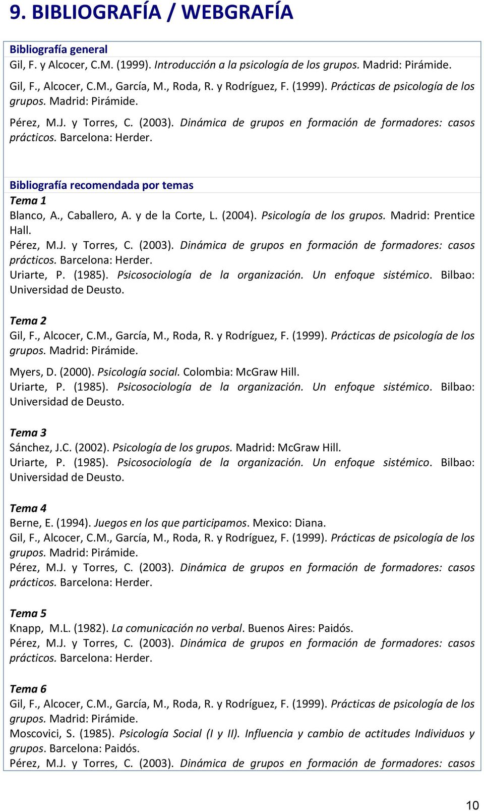 Bibliografía recomendada por temas Tema 1 Blanco, A., Caballero, A. y de la Corte, L. (2004). Psicología de los grupos. Madrid: Prentice Hall. Pérez, M.J. y Torres, C. (2003).