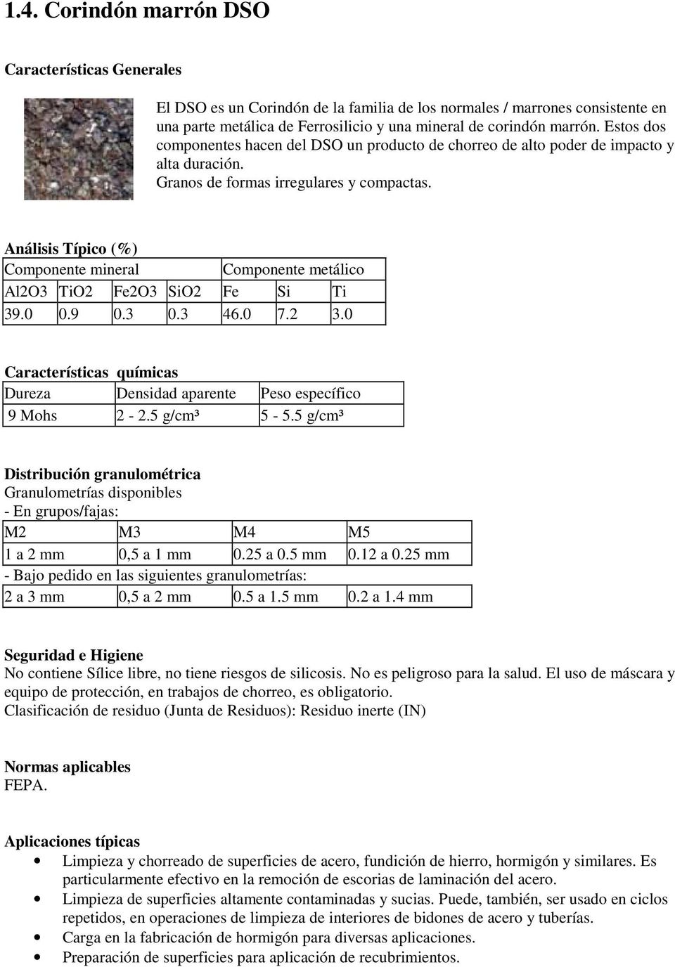 Componente mineral Componente metálico Al2O3 TiO2 Fe2O3 SiO2 Fe Si Ti 39.0 0.9 0.3 0.3 46.0 7.2 3.0 Dureza Densidad aparente Peso específico 9 Mohs 2-2.5 g/cm³ 5-5.