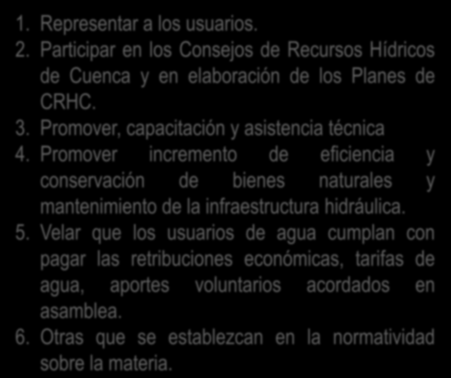 Funciones y Responsabilidades Regl. Art 40 1. Representar a los usuarios. 2. Participar en los Consejos de Recursos Hídricos de Cuenca y en elaboración de los Planes de CRHC. 3.