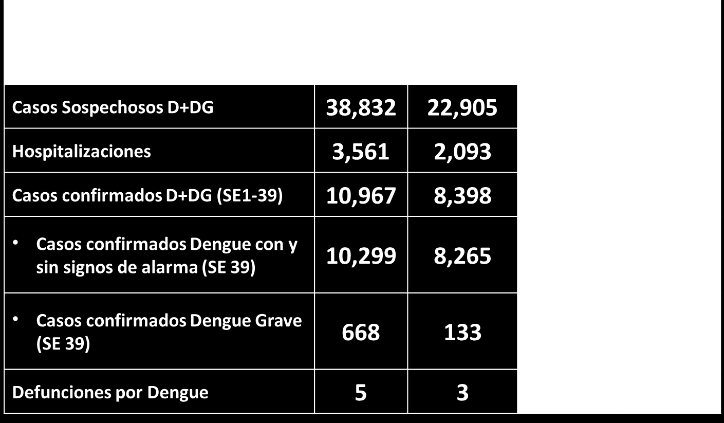 Hasta la semana epidemiológica 41 se han registrado 22,905 casos sospechosos de dengue. Se han confirmado 8,398 (hasta la semana 39), de los cuales 2% (133) son dengues graves.