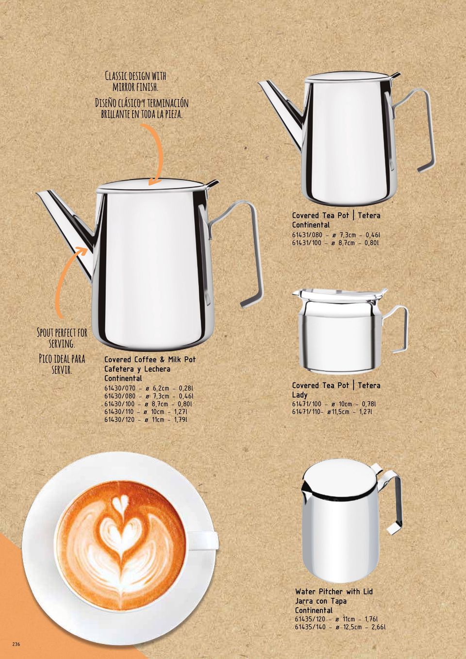 Covered Coffee & Milk Pot Cafetera y Lechera Continental 61430/070 - ø 6,2cm - 0,28l 61430/080 - ø 7,3cm - 0,46l 61430/100 - ø 8,7cm - 0,80l 61430/110 - ø