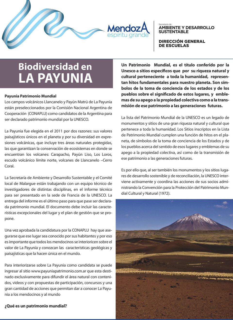 La Payunia fue elegida en el 2011 por dos razones: sus valores paisajísticos únicos en el planeta y por su diversidad en expresiones volcánicas, que incluye tres áreas naturales protegidas, las que