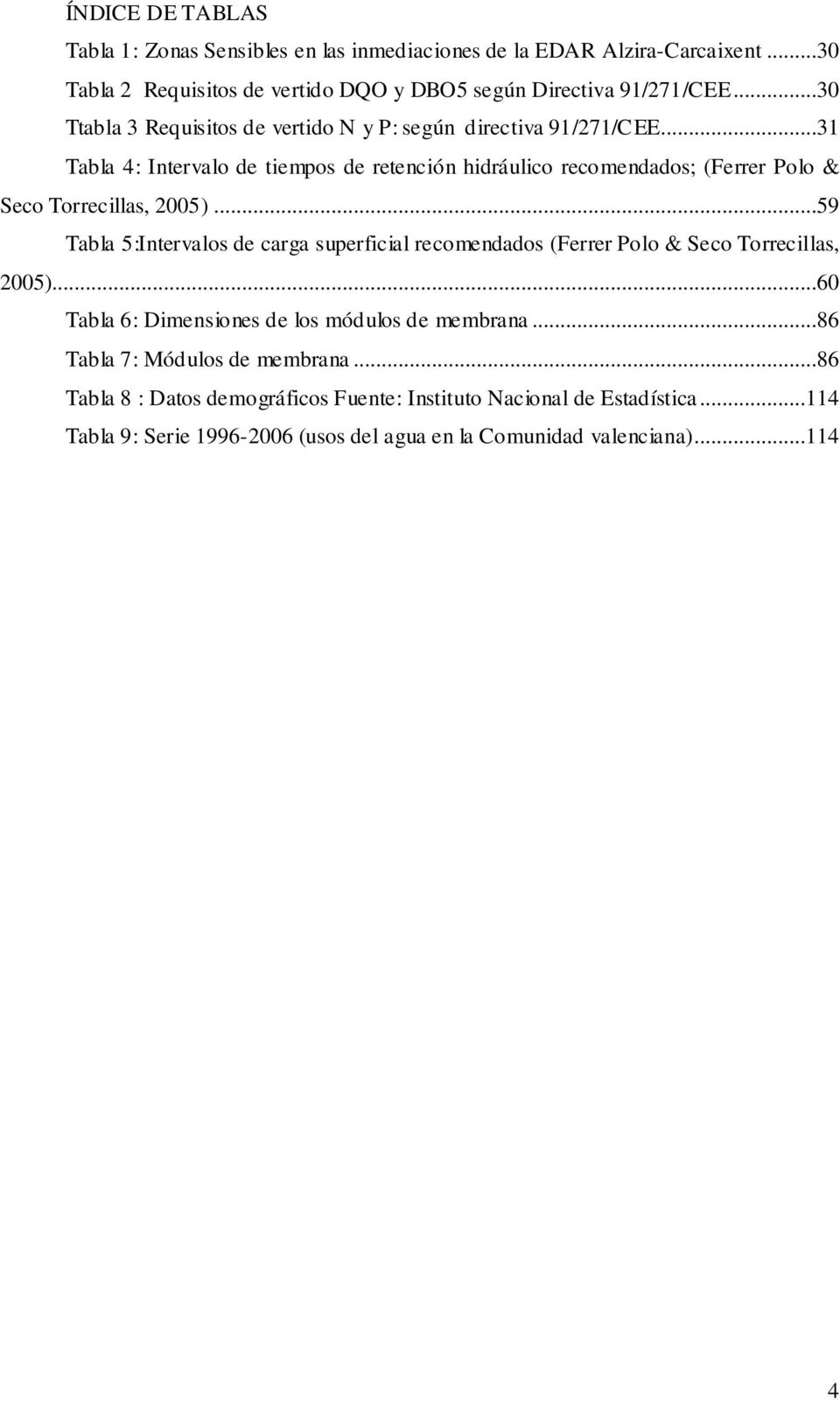 ..31 Tabla 4: Intervalo de tiempos de retención hidráulico recomendados; (Ferrer Polo & Seco Torrecillas, 2005).