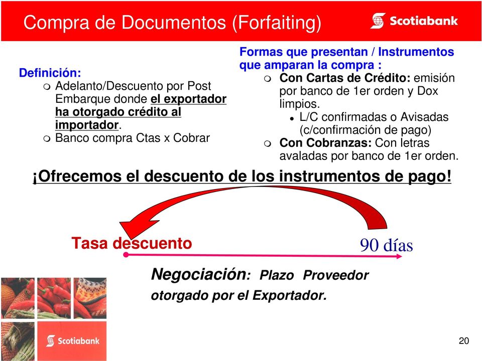 Banco compra Ctas x Cobrar Formas que presentan / Instrumentos que amparan la compra : Con Cartas de Crédito: emisión por banco de 1er orden y Dox