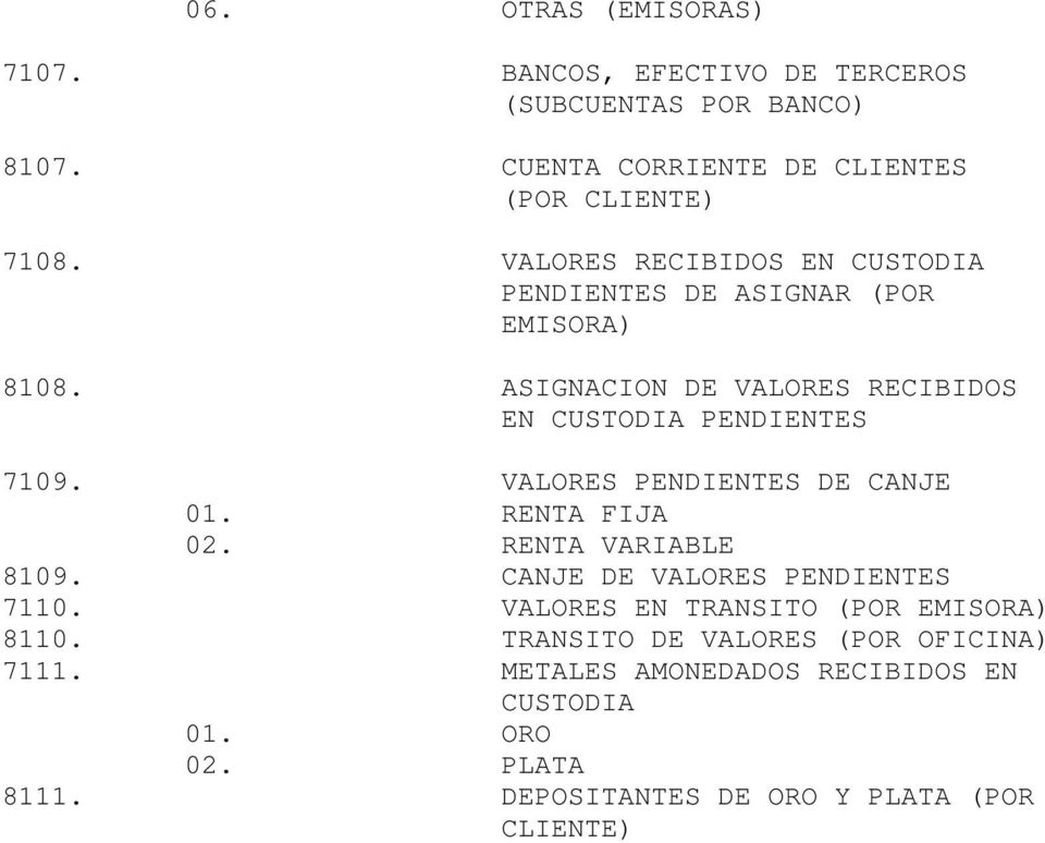 VALORES PENDIENTES DE CANJE 01. RENTA FIJA 02. RENTA VARIABLE 8109. CANJE DE VALORES PENDIENTES 7110. VALORES EN TRANSITO (POR 8110.