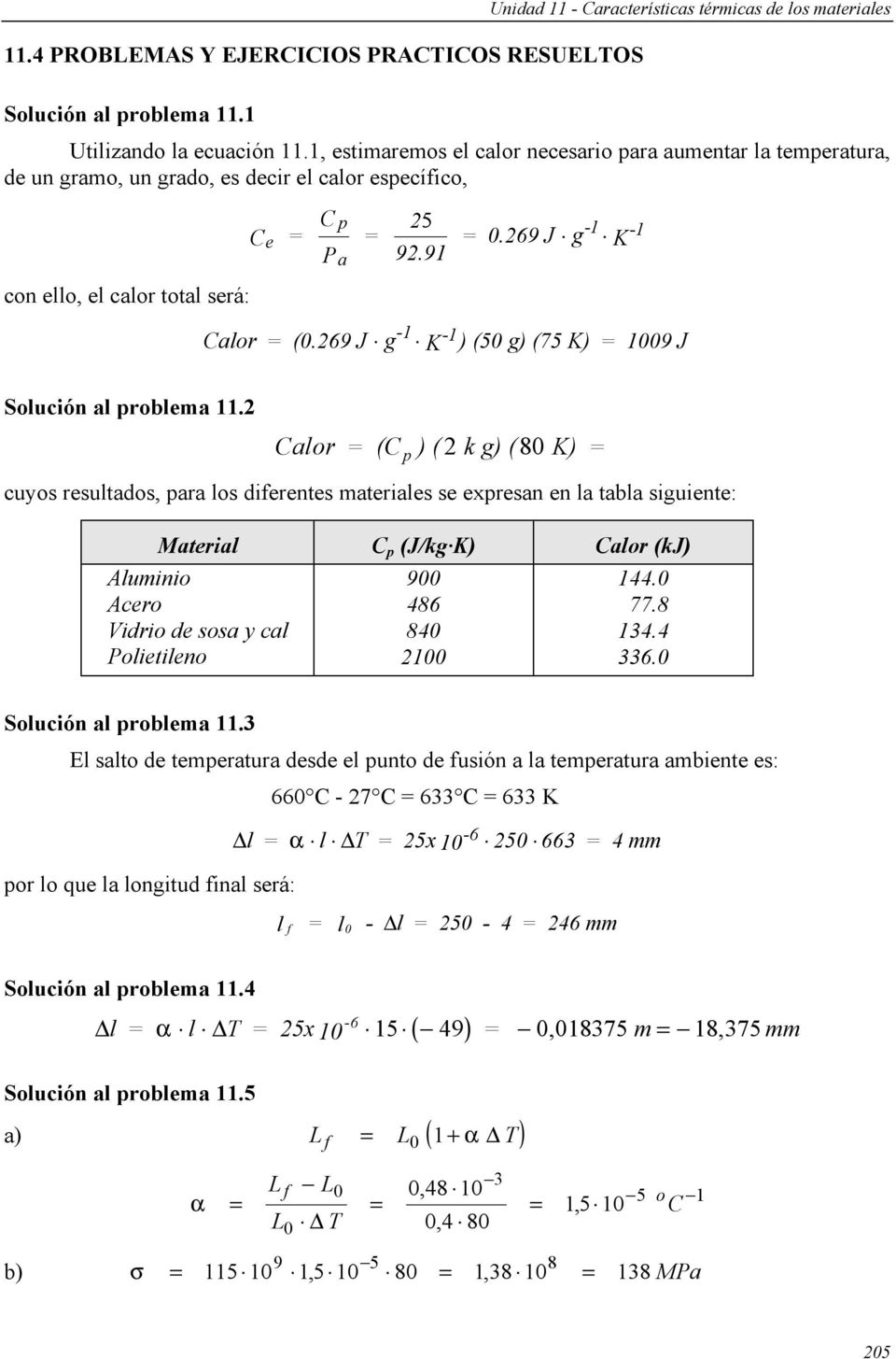 269 J g K -1-1 -1-1 Calor (0.269 J g K ) (50 g) (75 K) 1009 J Solución al problema 11.