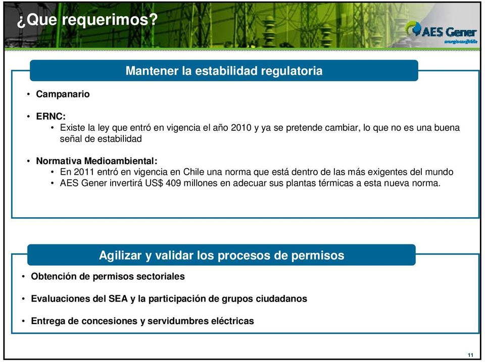 buena señal de estabilidad Normativa Medioambiental: En 2011 entró en vigencia en Chile una norma que está dentro de las más exigentes del mundo