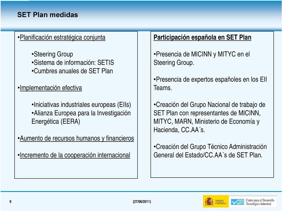 Participación española en SET Plan Presencia de MICINN y MITYC en el Steering Group. Presencia de expertos españoles en los EII Teams.