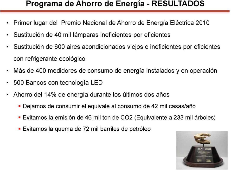 de consumo de energía instalados y en operación 500 Bancos con tecnología LED Ahorro del 14% de energía durante los últimos dos años Dejamos de consumir