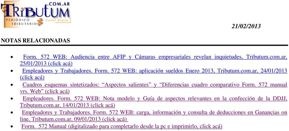 572 manual vrs. Web (click acá) Empleadores. Form. 572 WEB: Nota modelo y Guía de aspectos relevantes en la confección de la DDJJ, Tributum.com.
