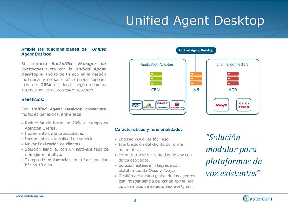 Beneficios: Con Unified Agent Desktop conseguirá múltiples beneficios, entre ellos: Reducción de hasta un 20% el tiempo de Atención Cliente. Incremento de la productividad.