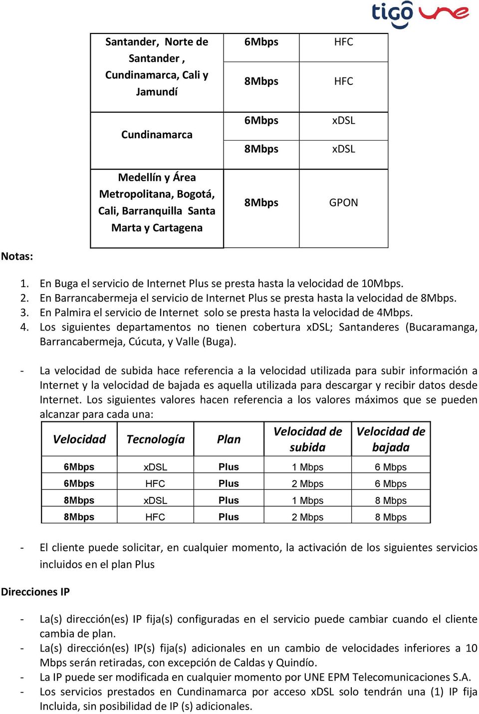 En Palmira el servicio de Internet solo se presta hasta la velocidad de 4Mbps. 4. Los siguientes departamentos no tienen cobertura xdsl; Santanderes (Bucaramanga, Barrancabermeja, Cúcuta, y Valle (Buga).