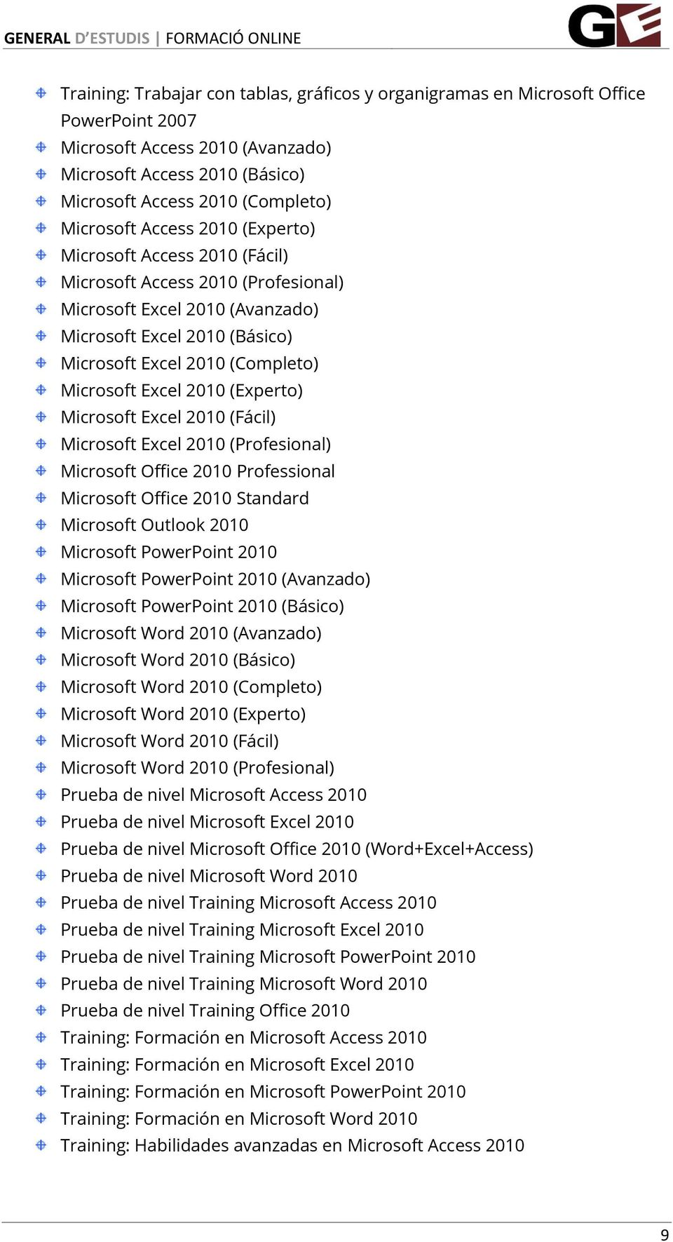 2010 (Experto) Microsoft Excel 2010 (Fácil) Microsoft Excel 2010 (Profesional) Microsoft Office 2010 Professional Microsoft Office 2010 Standard Microsoft Outlook 2010 Microsoft PowerPoint 2010