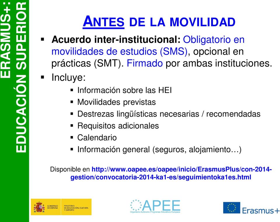 Incluye: Información sobre las HEI Movilidades previstas Destrezas lingüísticas necesarias / recomendadas Requisitos