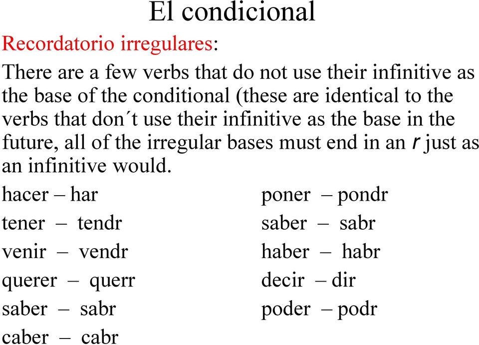 in the future, all of the irregular bases must end in an r just as an infinitive would.