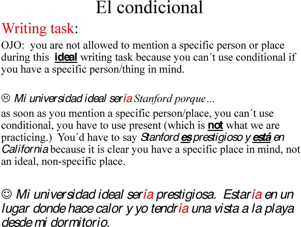 Mi universidad ideal sería as soon as you mention a specific person/place, you can t use conditional, you have to use present (which is not what we are practicing.