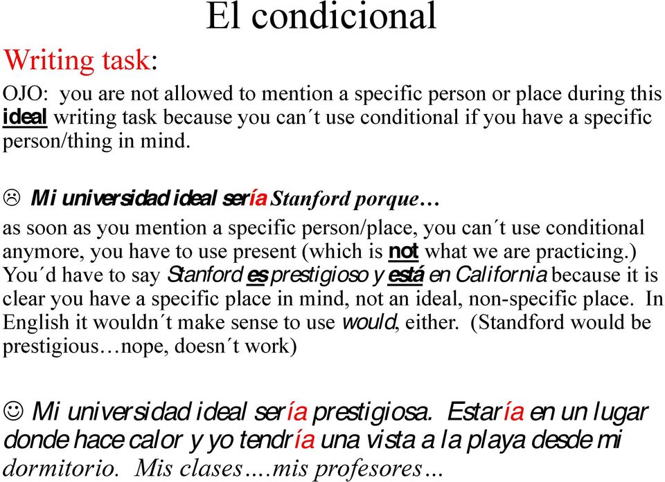 Mi universidad ideal sería as soon as you mention a specific person/place, you can t use conditional anymore, you have to use present (which is not what we are practicing.