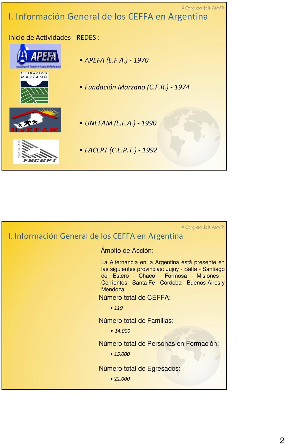 Información General de los CEFFA en Argentina Ámbito de Acción: La Alternancia en la Argentina está presente en las siguientes provincias: Jujuy -