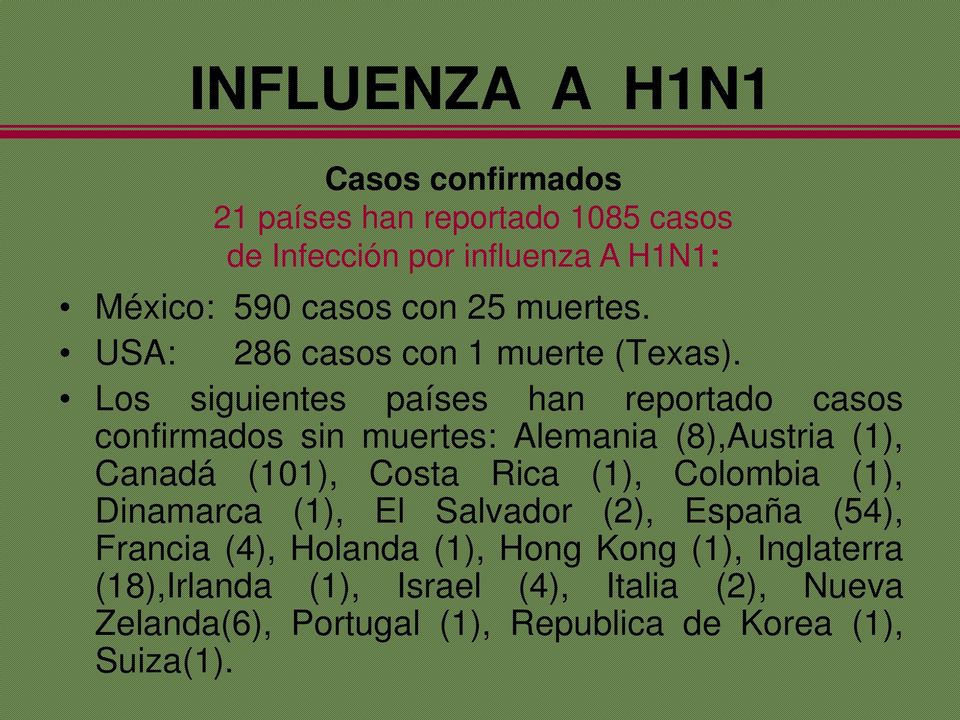 Los siguientes países han reportado casos confirmados sin muertes: Alemania (8),Austria (1), Canadá (101), Costa Rica (1),