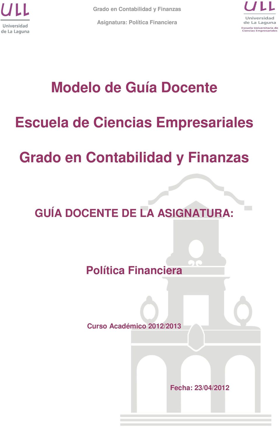 Finanzas GUÍA DOCENTE DE LA ASIGNATURA:
