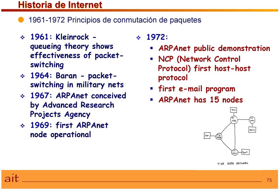 conceived by Advanced Research Projects Agency 1969: first ARPAnet node operational v 1972: ARPAnet public