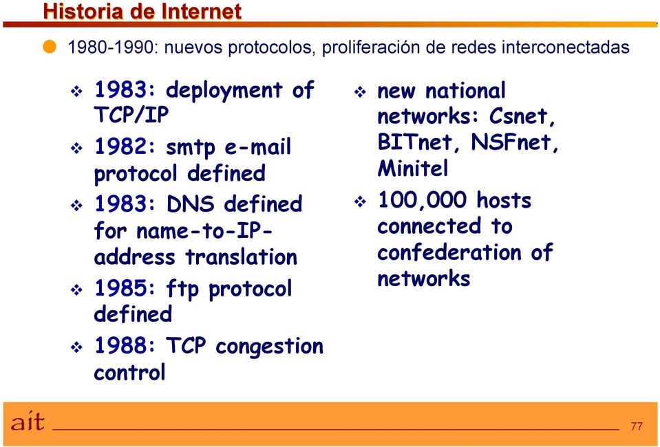 name-to-ipaddress translation v 1985: ftp protocol defined v 1988: TCP congestion control v new