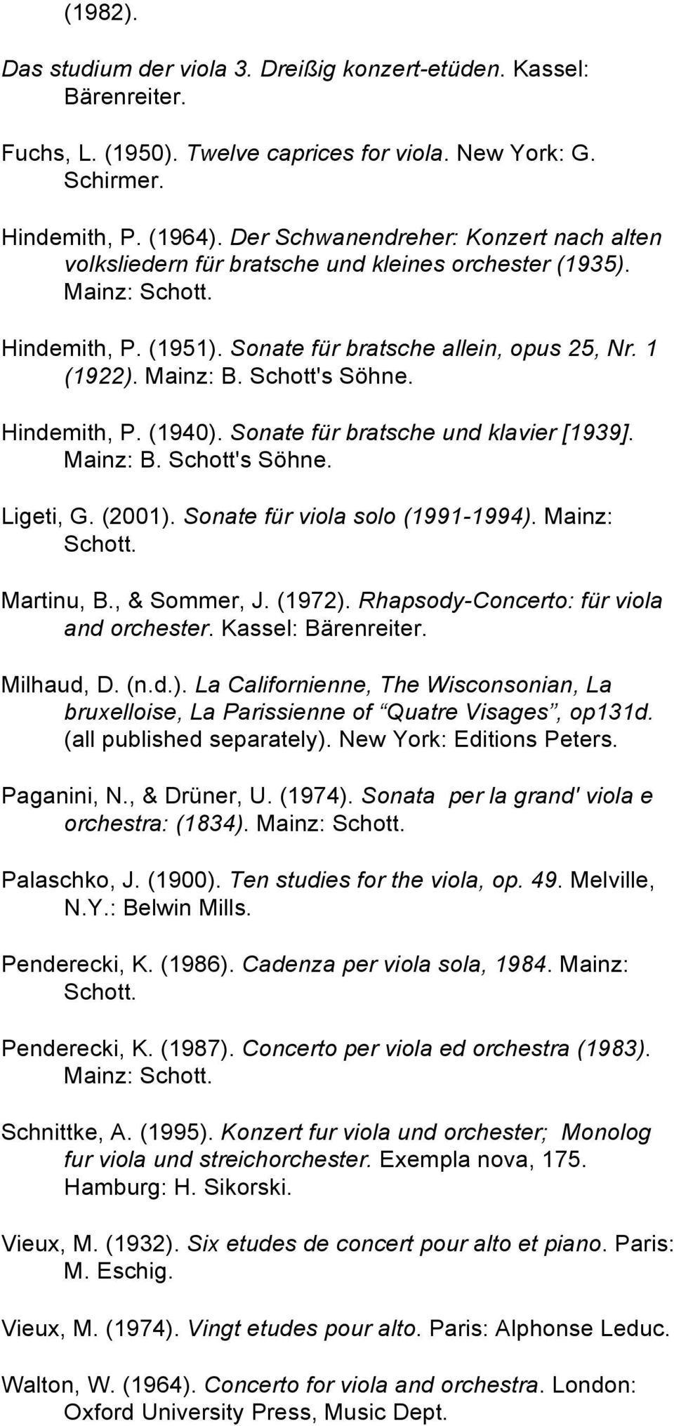 Schott's Söhne. Hindemith, P. (1940). Sonate für bratsche und klavier [1939]. Mainz: B. Schott's Söhne. Ligeti, G. (2001). Sonate für viola solo (1991-1994). Mainz: Schott. Martinu, B., & Sommer, J.