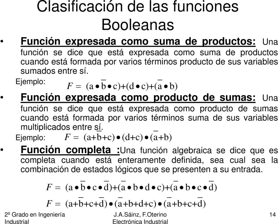 Ejemplo: F = (a b c)+(d c)+(a b) Función expresada como producto de sumas: Una función se dice que está expresada como producto de sumas cuando está formada por varios términos suma