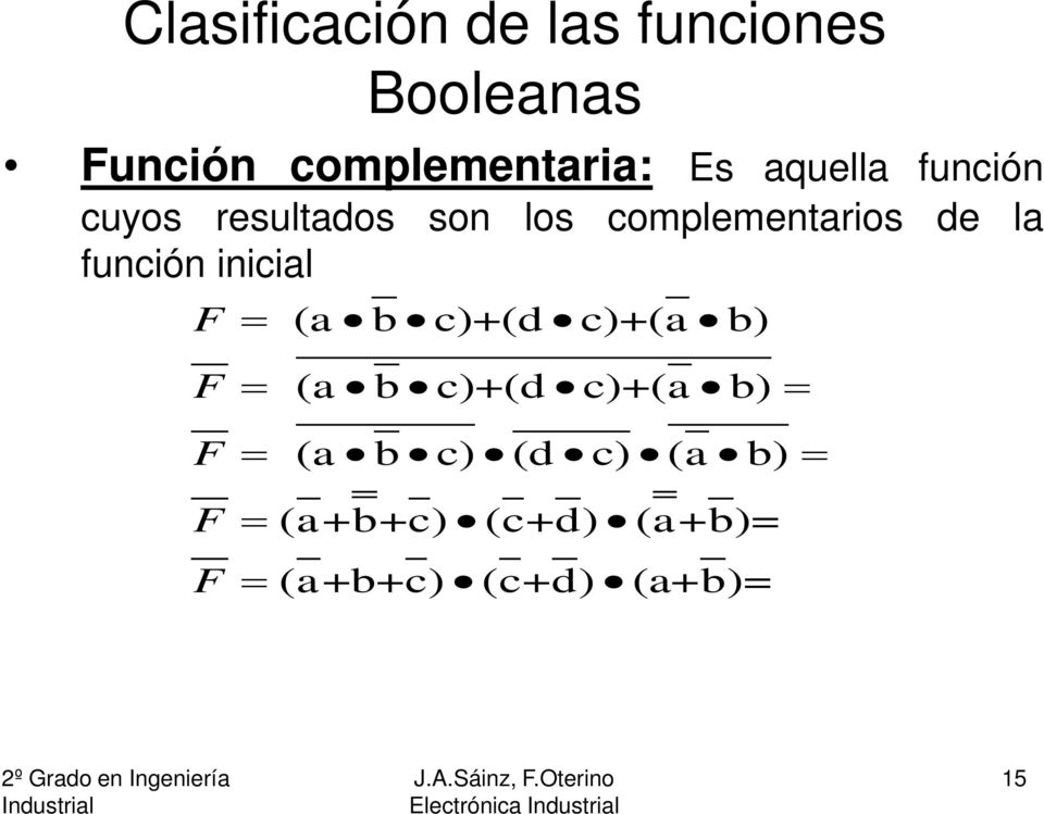 función inicial F = (a b c)+(d c)+(a b) F F F F = (a b c)+(d c)+(a