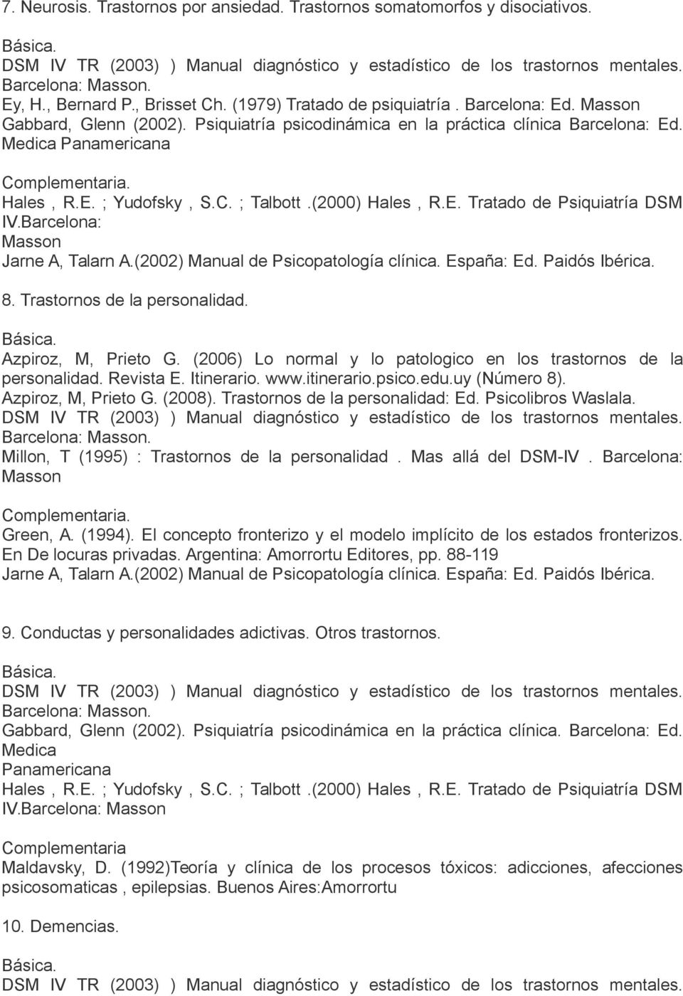 (2006) Lo normal y lo patologico en los trastornos de la personalidad. Revista E. Itinerario. www.itinerario.psico.edu.uy (Número 8). Azpiroz, M, Prieto G. (2008). Trastornos de la personalidad: Ed.
