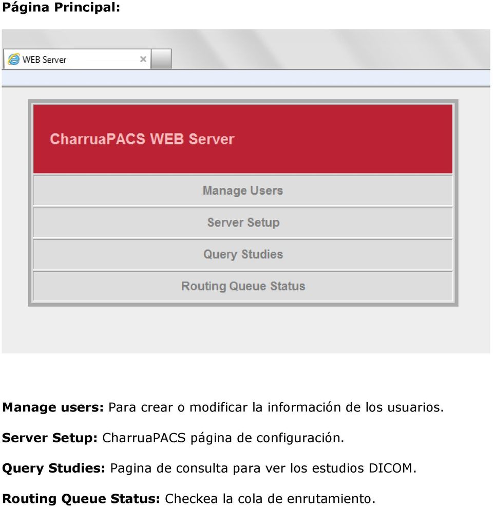 Server Setup: CharruaPACS página de configuración.