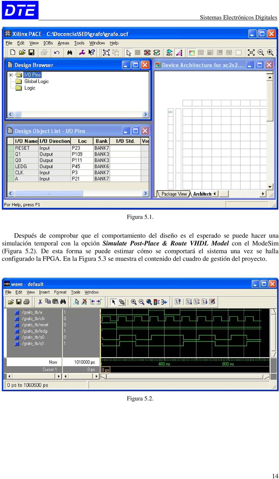 simulación temporal con la opción Simulate Post-Place & Route VHDL Model con el ModeSim (Figura 5.