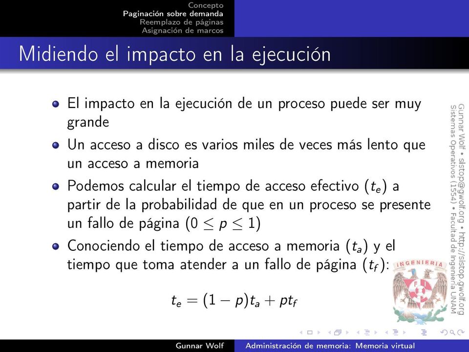 (t e ) a partir de la probabilidad de que en un proceso se presente un fallo de página (0 p 1) Conociendo el